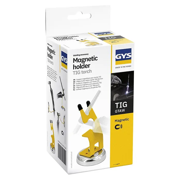 Gys Schweißbrenner-Halterung -  - Weiße Produktverpackung mit einem gelben magnetischen WIG-Schweißbrennerhalter und silbernem Fuß.
