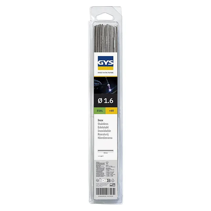Gys WIG-Schweißstab Edelstahl 316L - Durchmesser: 1,6 mm - GYS 316L Edelstahl-Schweißstäbe, 1,6mm Durchmesser, 60 Stück in transparenter Kunststoffverpackung.
