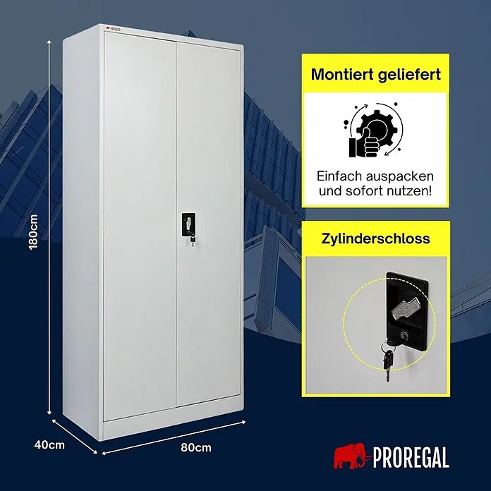 Proregal Metall-Mehrzweckschrank ELEPHANT komplett montiert - 40 x 80 x 180 cm, Lichtgrau - Weißer Metallschrank mit Zylinderschloss, Maßen (180x80x40cm) und Merkmalen wie Vormontage dargestellt.