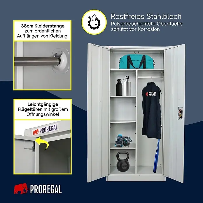 Proregal Metall-Mehrzweckschrank ELEPHANT komplett montiert - 40 x 80 x 180 cm, Lichtgrau - Weißer pulverbeschichteter Stahlschrank mit 38cm Kleiderstange und Regalböden. Leichtgängige Flügeltüren, Korrosionsschutz.