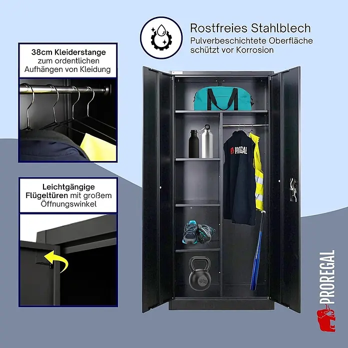Proregal Metall-Mehrzweckschrank ELEPHANT mit 2 Türen, abschließbar - Schwarz - Schwarzer Metallspind mit Kleiderstange und Fächern zur geordneten Aufbewahrung verschiedener Gegenstände.