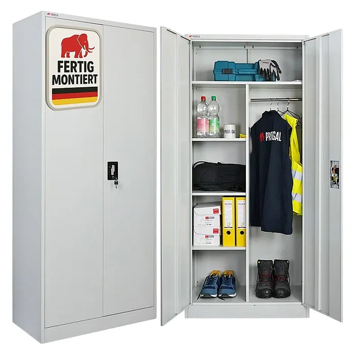 Proregal Metall-Mehrzweckschrank ELEPHANT komplett montiert - 40 x 80 x 180 cm, Lichtgrau - Hellgrauer, fertig montierter Metallschrank, geschlossen mit Etikett und offen mit organisiertem Innenraum, Fächern und Kleiderstange.