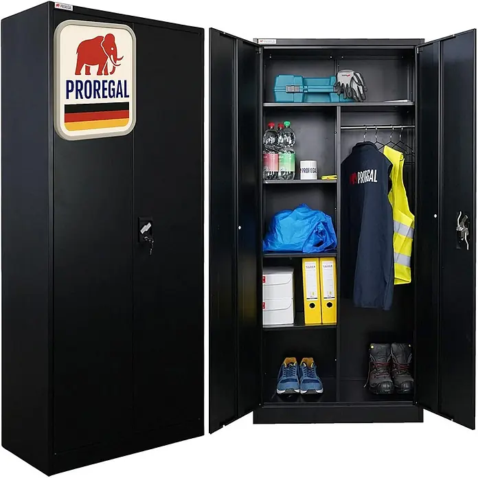 Proregal Metall-Mehrzweckschrank ELEPHANT mit 2 Türen, abschließbar - Schwarz - Schwarzer Metall-Doppeltürenschrank mit PROREGAL-Logo, geschlossen und offen gezeigt, mit Innenablagen und Kleiderstange für Arbeitskleidung und Werkzeuge.