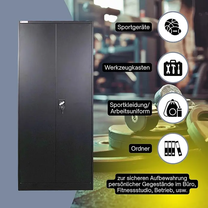 Proregal Metall-Mehrzweckschrank ELEPHANT mit 2 Türen, abschließbar - Schwarz - Dunkler Metallschrank für Sportgeräte, Werkzeuge, Kleidung oder Akten im Büro oder Fitnessstudio.