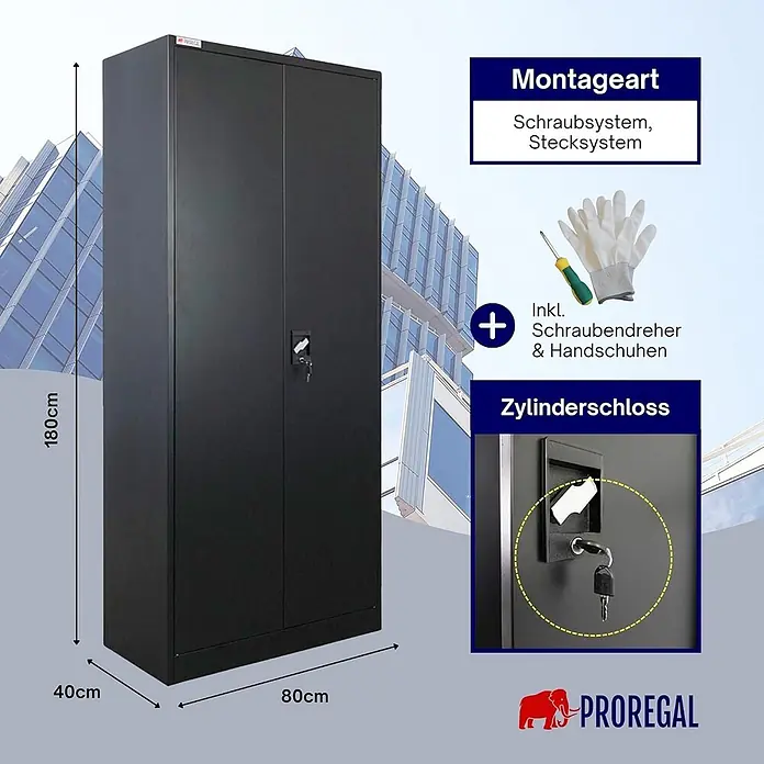 Proregal Metall-Mehrzweckschrank ELEPHANT mit 2 Türen, abschließbar - Schwarz - Schwarzer Metall-Doppeltürschrank, 180x80x40cm, mit Zylinderschloss. Inklusive Schraubendreher und Handschuhe zur Montage.