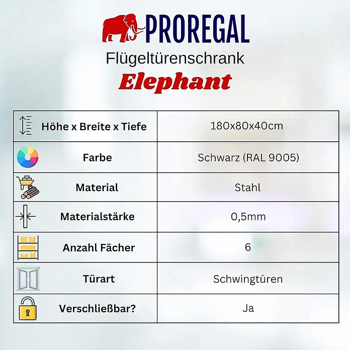 Proregal Metall-Mehrzweckschrank ELEPHANT mit 2 Türen, abschließbar - Schwarz - Produktspezifikationen für einen schwarzen Flügeltürenschrank aus Stahl, Modell PROREGAL Elephant.