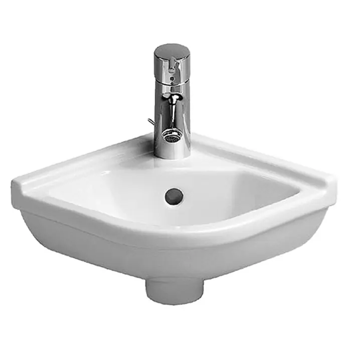 Duravit Starck 3 Waschbecken - 44 x 38 cm, Ohne Spezialglasur, Hahnloch: Mitte, Mit Überlauf, Weiß - Eckwaschbecken aus weißer Keramik mit modernem Chromhahn, ideal für kleine Badezimmer und Gästetoiletten.