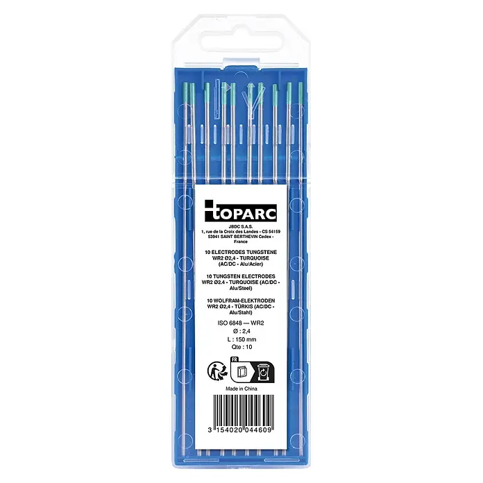 Gys Wolfram-Elektroden WR2 - Durchmesser: 2,4 mm, 10 Stk. - 10 türkisfarbene WR2 Wolfram-Elektroden, 2,4x150mm, für AC/DC-Schweißen von Aluminium/Stahl.