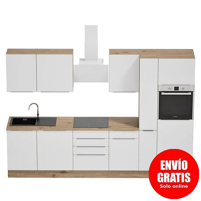 BAUHAUS Composición de cocina Marleen - Ancho: 310 cm, Blanco, Color del cuerpo: Marrón, Con electrodomésticos - Cocina modular blanca con encimera efecto madera, fregadero, placa, horno y campana extractora negros.