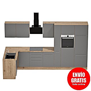 BAUHAUS Cocina esquinera Marleen (An x Pr: 370 x 170 cm, Gris, Mate, Color del cuerpo: Marrón, Con electrodomésticos)