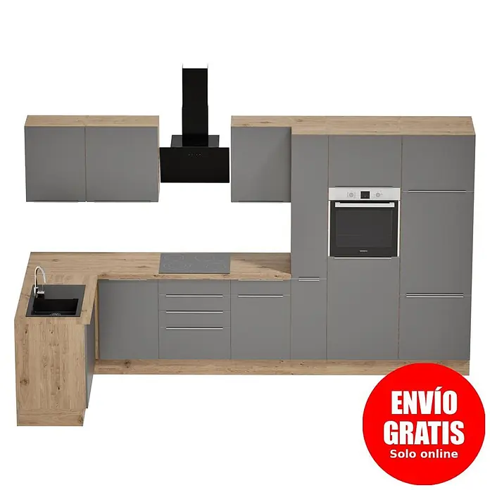 BAUHAUS Cocina esquinera Marleen - An x Pr: 370 x 170 cm, Gris, Mate, Color del cuerpo: Marrón, Con electrodomésticos - Cocina en L: muebles grises, encimeras de madera clara, fregadero, placa, horno y campana extractora negra.