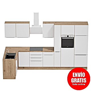 BAUHAUS Cocina esquinera Marleen (An x Pr: 370 x 170 cm, Blanco, Mate, Color del cuerpo: Marrón, Con electrodomésticos)