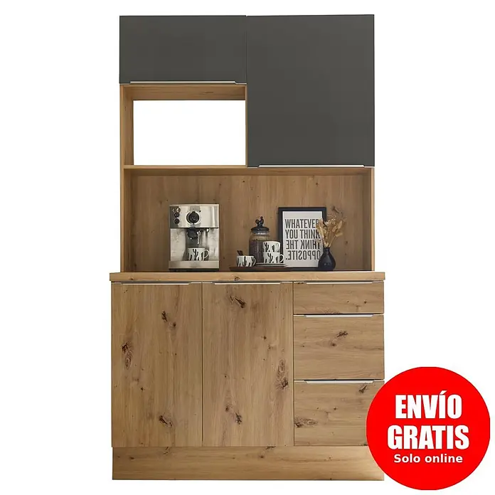 BAUHAUS Aparador buffet Marleen - Ancho: 120 cm, Gris mate, Decoración cuerpo: Roble Artesanal - Mueble de cocina bitono: acabado de madera clara con armarios superiores gris oscuro, estante abierto y cajones de almacenaje.