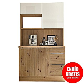 BAUHAUS Aparador buffet Marleen (Ancho: 120 cm, Blanco de alto brillo, Decoración cuerpo: Roble Artesanal)