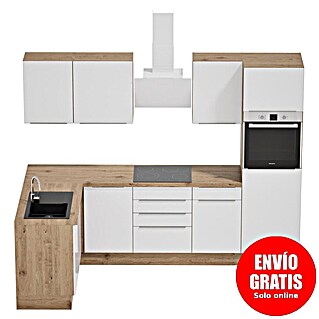 BAUHAUS Cocina esquinera Marleen (An x Pr: 280 x 170 cm, Blanco, Mate, Color del cuerpo: Marrón, Con electrodomésticos)