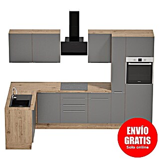 BAUHAUS Cocina esquinera Marleen (An x Pr: 310 x 170 cm, Gris, Mate, Color del cuerpo: Marrón, Con electrodomésticos)