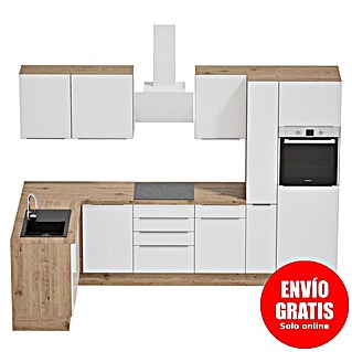 BAUHAUS Cocina esquinera Marleen (An x Pr: 310 x 170 cm, Blanco, Mate, Color del cuerpo: Marrón, Con electrodomésticos)
