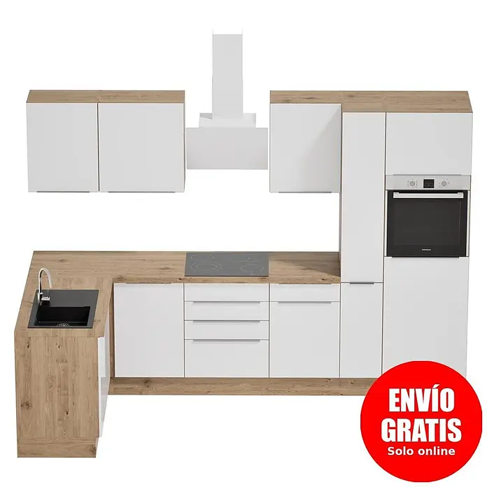 BAUHAUS Cocina esquinera Marleen - An x Pr: 310 x 170 cm, Blanco, Mate, Color del cuerpo: Marrón, Con electrodomésticos - Cocina moderna con muebles blancos, encimera efecto madera, fregadero, vitrocerámica, horno y campana extractora integrados.