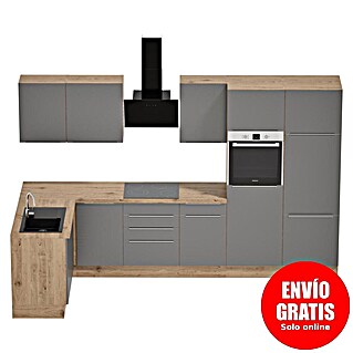 BAUHAUS Cocina esquinera Marleen (An x Pr: 340 x 170 cm, Gris, Mate, Color del cuerpo: Marrón, Con electrodomésticos)