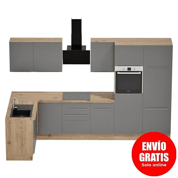 BAUHAUS Cocina esquinera Marleen - An x Pr: 340 x 170 cm, Gris, Mate, Color del cuerpo: Marrón, Con electrodomésticos - Conjunto de cocina en L con armarios grises, encimeras efecto madera y electrodomésticos negros integrados (fregadero, placa, horno, campana).