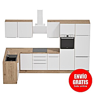 BAUHAUS Cocina esquinera Marleen (An x Pr: 340 x 170 cm, Blanco, Mate, Color del cuerpo: Marrón, Con electrodomésticos)