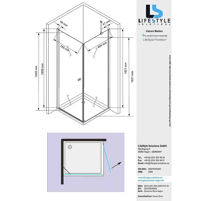 Glaszentrum Hagen Eckdusche 90x90x195cm Hades Duschkabine - 90 x 90 x 195 cm, Imprägniert, Farblos, Stärke: 8 mm - Technische Zeichnung einer Glas-Dusche mit Eckeinstieg, detaillierte Maße.