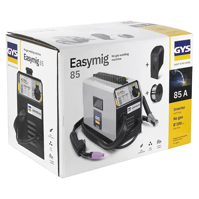 Gys Fülldrahtschweißgerät EASYMIG 85 - Schweißstrom: 40 A - 85 A, 230 V - GYS Easymig 85 Gasloses Schweißgerät in weißer und grauer Verkaufsverpackung, mit Schweißgerät, Maske und Drahtspule.
