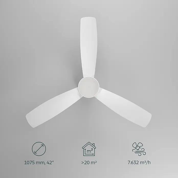 Eglo Deckenventilator Bonassola - Weiß, 106 cm - Weißer Deckenventilator mit drei Flügeln und zentraler Leuchte, 1075 mm (42 Zoll) Durchmesser, für Räume >20 m², Luftstrom 7.632 m³/h.