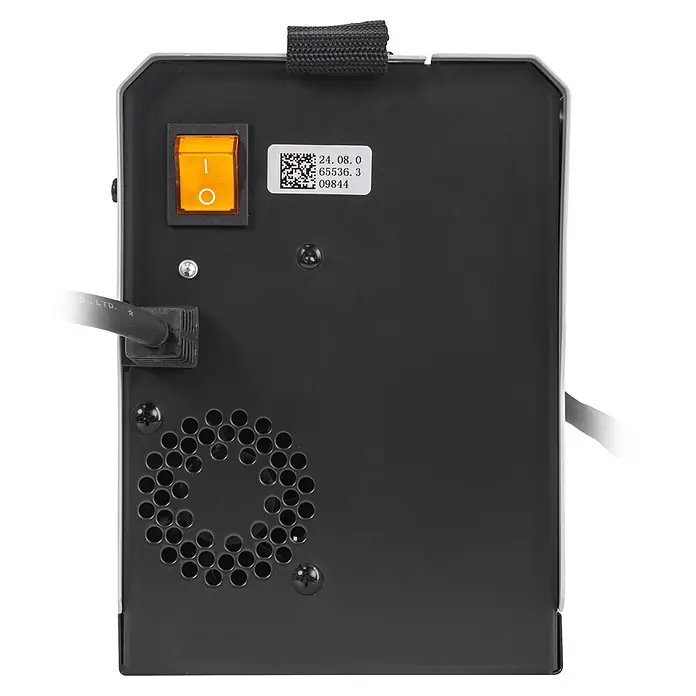 Gys Fülldrahtschweißgerät EASYMIG 85 - Schweißstrom: 40 A - 85 A, 230 V - Rückseite eines schwarzen Elektronikgeräts: oranger Netzschalter, Lüftungsgitter, Datenetikett, Netzkabel, schwarzer Riemen und weißes Band.