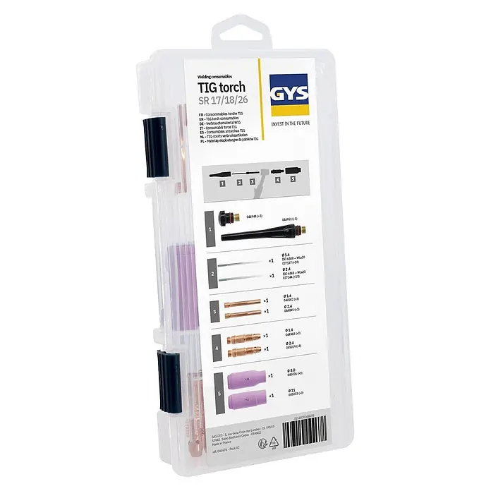 Gys Schweißzubehör-Set - 10 -tlg. - GYS WIG-Schweißzubehör-Set für SR 17/18/26 mit Elektroden, Spannzangen und Gasdüsen in klarer Verpackung.