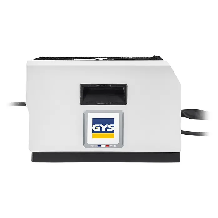 Gys Fülldrahtschweißgerät EASYMIG 85 - Schweißstrom: 40 A - 85 A, 230 V - Weißes GYS-Gerät mit schwarzem Griff, Sockel und seitlichen Anschlusskabeln.