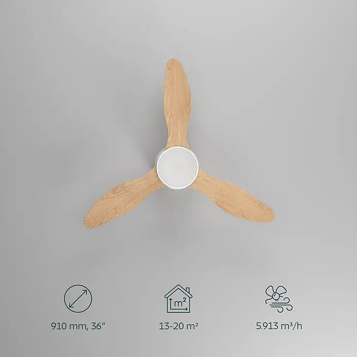 Eglo Deckenventilator Baracarès - Weiß, Eiche, 91 cm - Moderner Deckenventilator mit drei hellen Holzflügeln und weißem Zentralgehäuse.