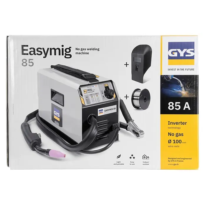 Gys Fülldrahtschweißgerät EASYMIG 85 - Schweißstrom: 40 A - 85 A, 230 V - GYS Easymig 85 Gasloses Inverter-Schweißgerät in Hellgrau, mit schwarzer Schweißmaske und Drahtrolle.