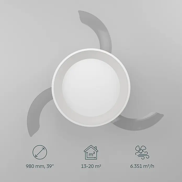 Eglo Deckenventilator Torreya - Weiß, 98 cm - Weißer und grauer Deckenventilator mit drei Flügeln; technische Daten für Durchmesser, Raumgröße und Luftstrom sind aufgeführt.