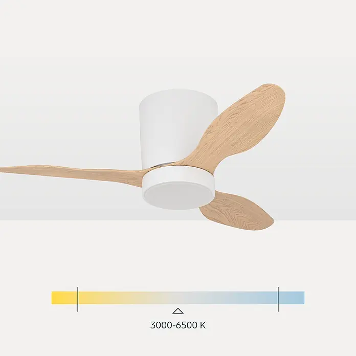 Eglo Deckenventilator Baracarès - Weiß, Eiche, 91 cm - Weißer Deckenventilator mit hellen Holzflügeln. Lichtfarbe einstellbar von 3000K bis 6500K.