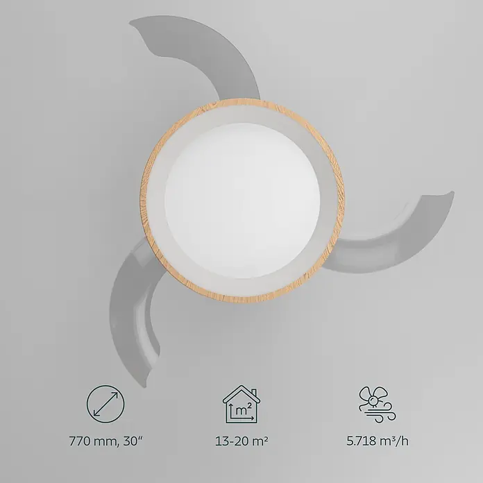 Eglo Deckenventilator Torreya - Weiß, Eiche, 77 cm - Moderner Deckenventilator mit Leuchte, Holzakzent und drei eleganten grauen Flügeln. Technische Daten für Leistung und Größe enthalten.