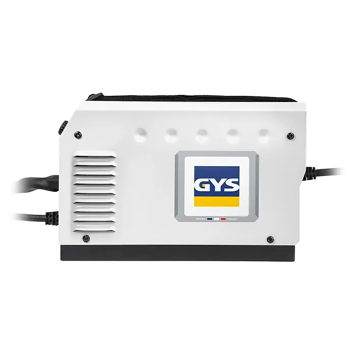 Gys Fülldrahtschweißgerät EASYMIG 85 - Schweißstrom: 40 A - 85 A, 230 V - Kompaktes weißes GYS Inverter-Schweißgerät mit schwarzen Akzenten und integrierten Kabeln.