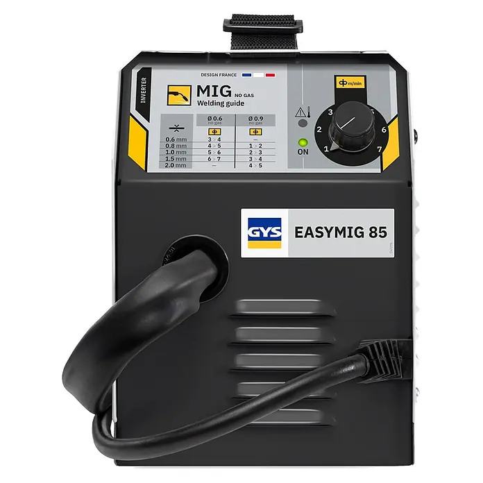Gys Fülldrahtschweißgerät EASYMIG 85 - Schweißstrom: 40 A - 85 A, 230 V - GYS EASYMIG 85 Inverter-MIG-Schweißgerät mit schwarzem und grauem Gehäuse, gelben Akzenten und Bedienfeld mit Schweißanleitung.