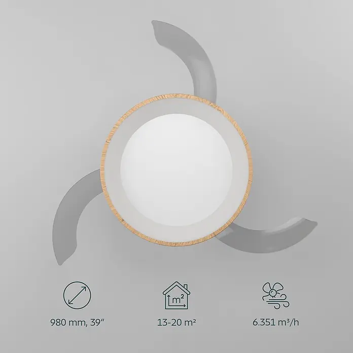 Eglo Deckenventilator Torreya - Weiß, Holz, 98 cm - Moderner Deckenventilator mit drei transparenten Rotorblättern, einer runden weißen LED-Leuchte und einem Naturholzring.