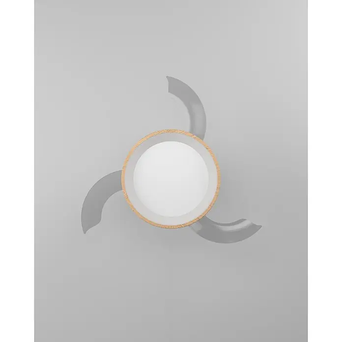 Eglo Deckenventilator Torreya - Weiß, Eiche, 77 cm - Moderne Deckenleuchte mit runder weißer Lichtfläche, hellem Holzrahmen und drei gebogenen grauen Ventilatorflügeln.