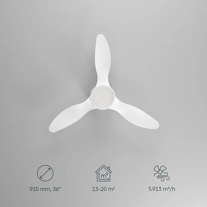 Eglo Deckenventilator Baracarès - Weiß, 91 cm - Weißer dreiflügeliger Deckenventilator mit zentraler Beleuchtung für effektive Luftzirkulation in Räumen.