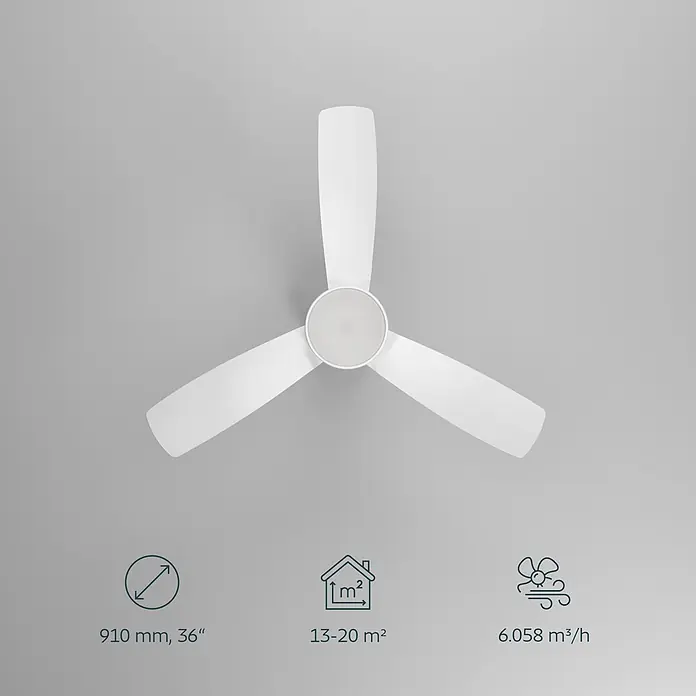 Eglo Deckenventilator Bonassola - Weiß, 91 cm - Weißer Deckenventilator mit drei Flügeln und mittiger Leuchte, zeigt Symbole für Maße, empfohlene Raumgröße und Luftstrom.