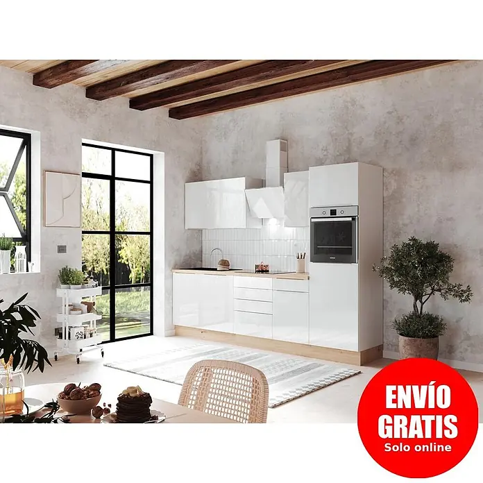 BAUHAUS Composición de cocina Marleen - Ancho: 280 cm, Blanco, Color del cuerpo: Blanco, Con electrodomésticos - Cocina modular blanca con armarios brillantes, encimera de madera, horno integrado y campana extractora en una habitación moderna y luminosa.