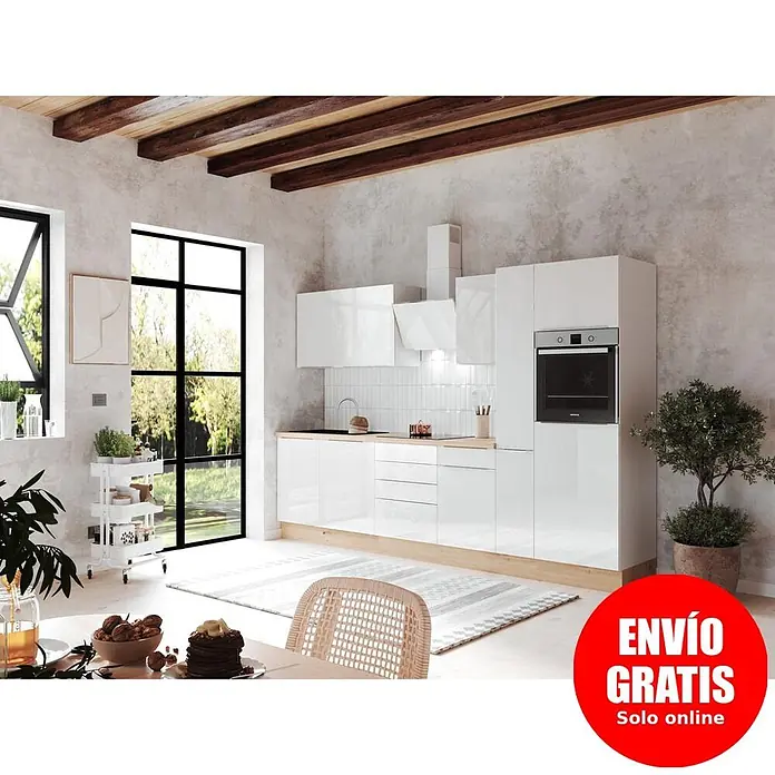 BAUHAUS Composición de cocina Marleen - Ancho: 310 cm, Blanco, Color del cuerpo: Blanco, Con electrodomésticos - Muebles de cocina blancos de alto brillo con encimeras de madera y horno integrado.