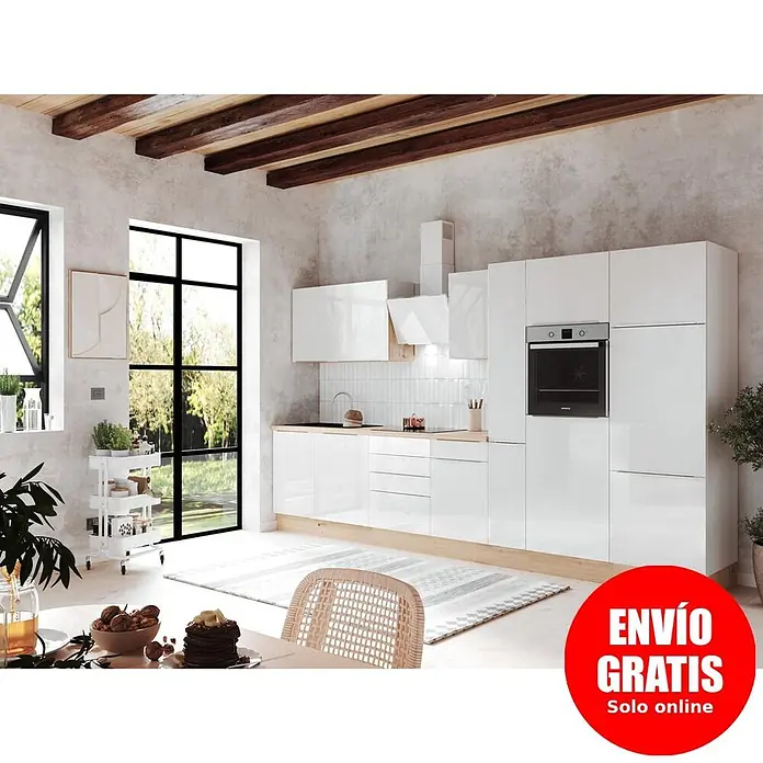 BAUHAUS Composición de cocina Marleen - Ancho: 370 cm, Blanco, Color del cuerpo: Blanco, Con electrodomésticos - Cocina moderna blanca de alto brillo con encimeras de madera y horno integrado.