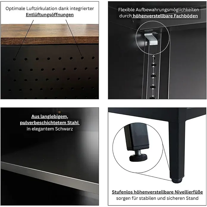 Proregal Metall-Mehrzweckschrank Mega Deal 1x LION + 1x Wandschrank ELEPHANT abschließbar - Vintagebraun/Schwarz - Schwarzer Schrank aus pulverbeschichtetem Stahl mit Belüftung, verstellbaren Einlegeböden und Nivellierfüßen.