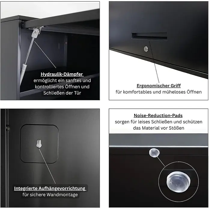 Proregal Metall-Mehrzweckschrank Mega Deal 1x LION + 1x Wandschrank ELEPHANT abschließbar - Vintagebraun/Schwarz - Detailansichten eines schwarzen Schranks mit Hydraulikdämpfer, ergonomischem Griff, Wandbefestigung und Geräuschdämpfungs-Pads.