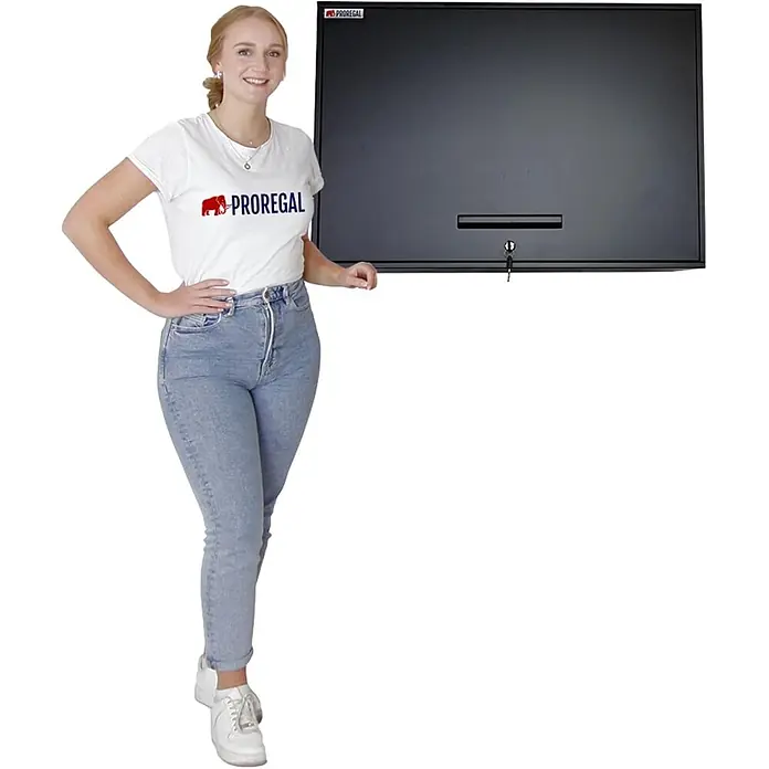 Proregal Metall-Mehrzweckschrank Mega Deal 1x LION + 1x Wandschrank ELEPHANT abschließbar - Vintagebraun/Schwarz - Schwarzer Wandschrank mit Einwurfschlitz und Schlüsselschloss, neben einer Frau zur Größenveranschaulichung.