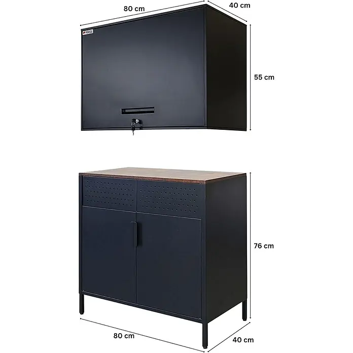 Proregal Metall-Mehrzweckschrank Mega Deal 1x LION + 1x Wandschrank ELEPHANT abschließbar - Vintagebraun/Schwarz - Zwei dunkelgraue Metallschränke. Ein Wandschrank mit Schloss und ein Unterschrank mit Holzplatte und perforierten Schubladen.