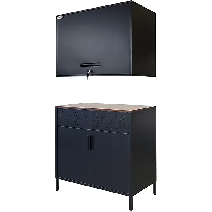 Proregal Metall-Mehrzweckschrank Mega Deal 1x LION + 1x Wandschrank ELEPHANT abschließbar - Vintagebraun/Schwarz - Dunkelgraue Metall-Hängeschrank mit Schloss und Bodenschrank mit Holzplatte und perforierten Akzenten.